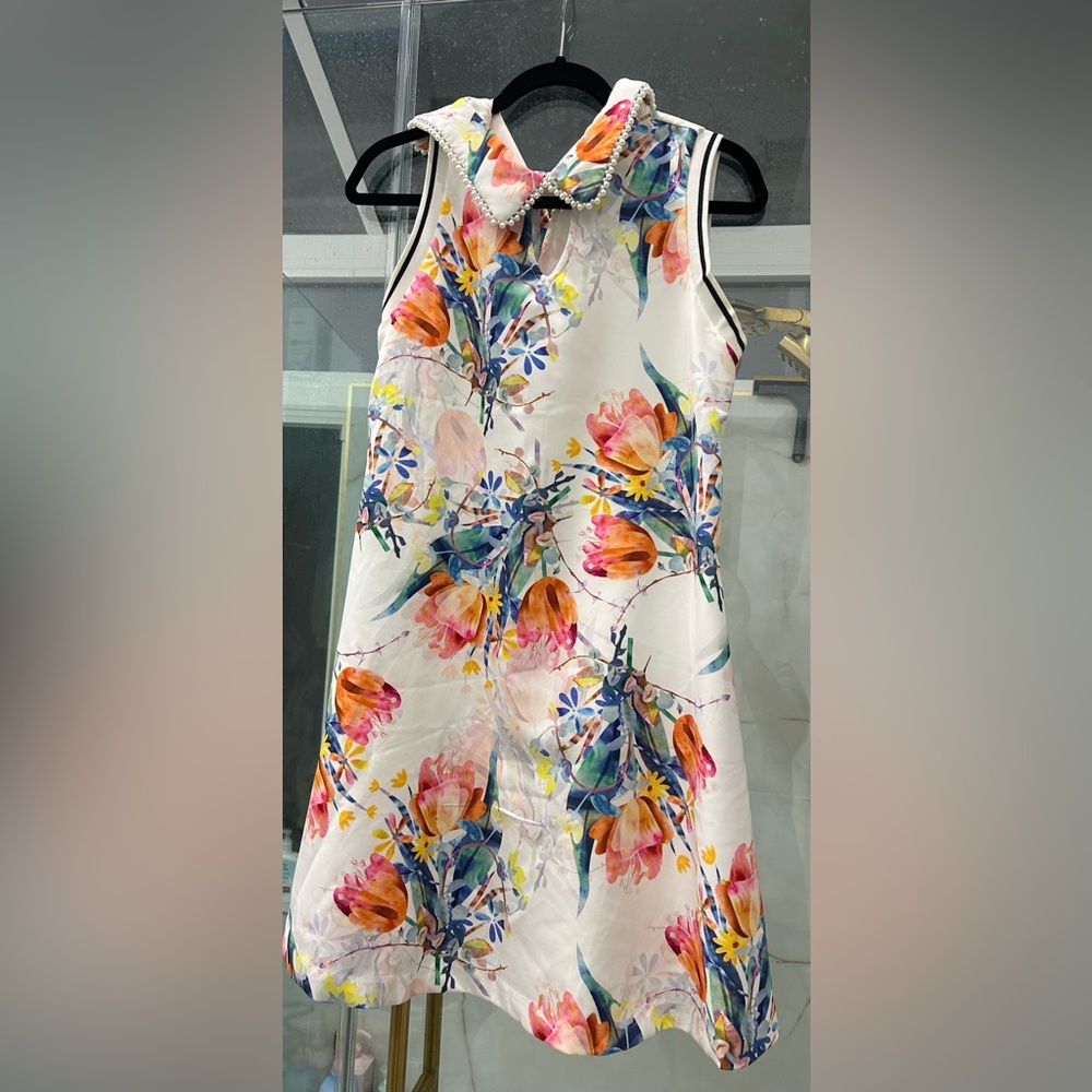 Floral Watercolor A-Line dress - White with Multicolor Bloom